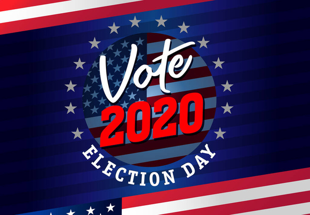 Präsidentschaftswahl in den USA 2020, Banner mit rundem Emblem. Wahltag mit amerikanischer Flagge. US-Präsidentschaftsdebatte, Vektor-Vorlage für Wahlplakate - Vektor, Bild