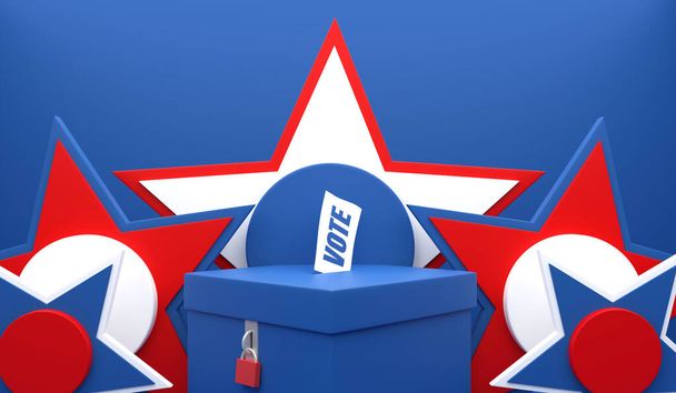 3D vykreslování Ilustrace modré volební urny s hlasovacím textem a visacím zámkem izolovaným na červeném modrém a bílém pětihvězdičkovém pozadí, prezidentské volby v roce 2020. - Fotografie, Obrázek