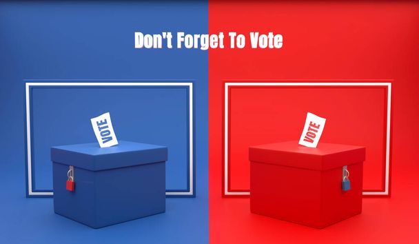 3D Rendering Illustration of red and blue ballot box with Don't Forget To vote text isolated on red and blue background, 2020 usa presidential election. - Photo, Image
