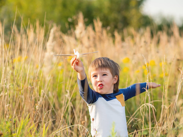 Cute toddler plays with toy airplane on field. Happy kid dreams to be a pilot. Boy is planning for the future. Golden sunset hour at autumn season. - Fotoğraf, Görsel
