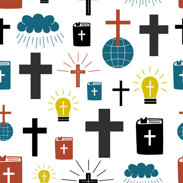 Бесшовный узор с символами Крест на глобусе, Библия, светящаяся лампочка. - Вектор,изображение
