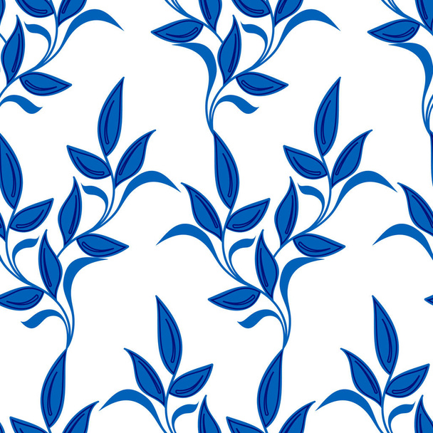 Fondo sin costuras de hojas de enredadera azul brillante. Diseño plano botánico para imprimir en papel pintado, textil, tela, cubiertas, postal. tarjeta. Ilustración vectorial aislada sobre fondo blanco - Vector, Imagen