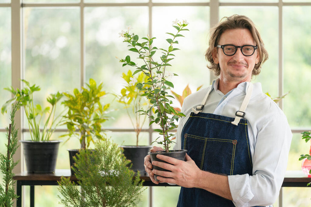 自宅で鉢植えの植物を世話する男、庭師、自宅で植える - 写真・画像