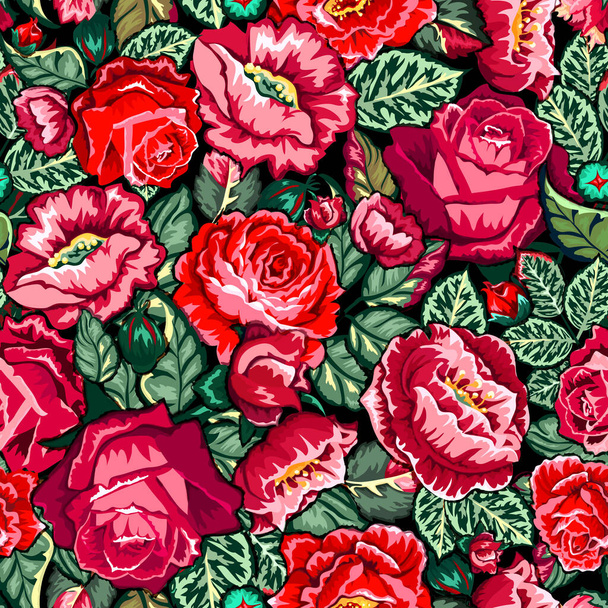 Seamless pattern with rose buds and leaves. Graphic llustration on black background. For the design of shawl, handkerchief, weddings, dress, fabrics, wallpaper, pattern, digital paper, costume - Photo, Image