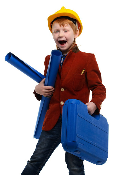 Kleiner Junge mit Plänen und Werkzeugkiste spielt Ingenieurrolle  - Foto, Bild