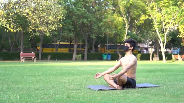 Un jeune beau garçon indien déchiqueté faisant des pompes dans le parc portant un masque pour se protéger de la covide-19 - Séquence, vidéo