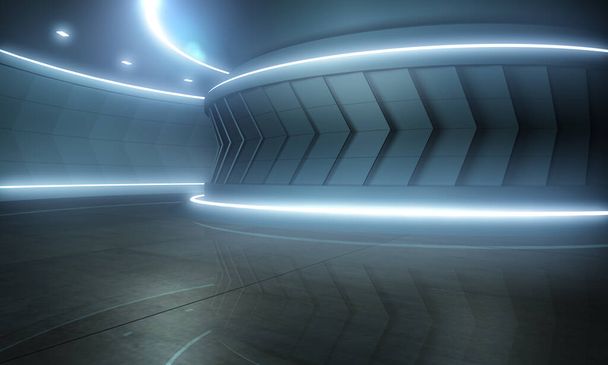 Futuristic Modern Sci Fi Dark Empty Spaceship Tunnel with Blue White Glowing Lights Technology Concept 3D απόδοση. - Φωτογραφία, εικόνα