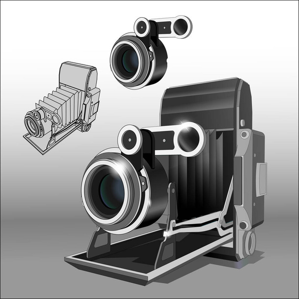 Vektor sauber genaue Darstellung von Vintage-Fotokamera und Objektiv getrennt. Zwei Blickwinkel. Realistische Retro-alte Fotokamera. - Vektor, Bild
