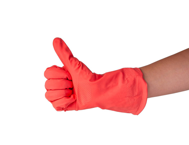 Růžové gumové rukavice na ruce ženy izolované na bílém - Fotografie, Obrázek
