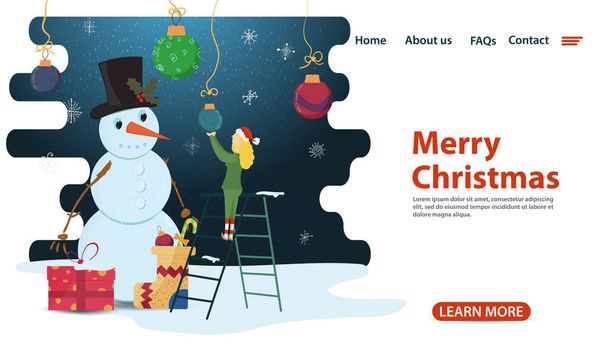 sztandar do dekoracji świąt Bożego Narodzenia i noworocznego designu, strony internetowe aplikacji mobilnych, mały elf na schodach wisi świąteczna kulka zabawki, przed bałwanem płaski wektor ilustracji - Wektor, obraz