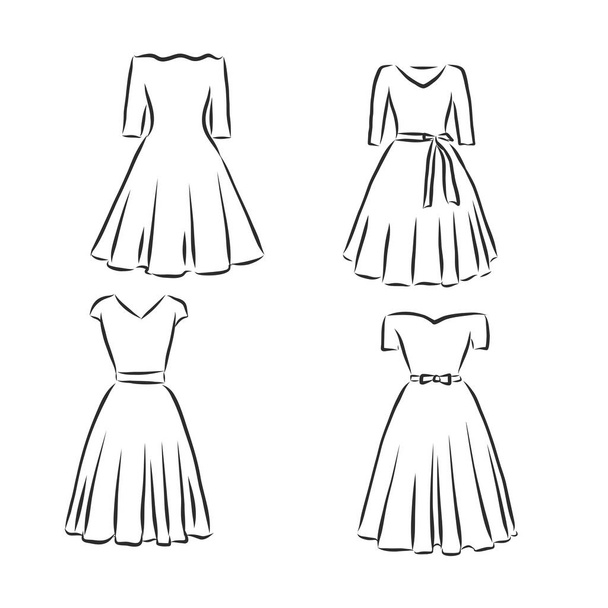 Sketches colección de vestidos de mujer. Ilustración vectorial dibujada a mano. Esquema negro dibujo aislado sobre fondo blanco - Vector, Imagen