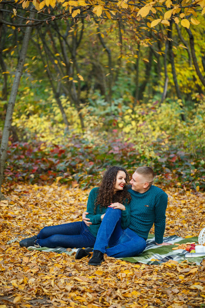 Ζευγάρι σε πουλόβερ στο πάρκο του φθινοπώρου - Φωτογραφία, εικόνα