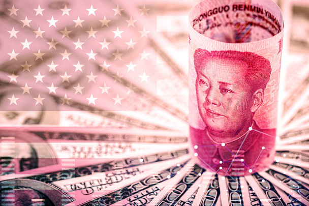 Kínai jüan bankjegy körül színek az amerikai zászló és dollár számlák. Gazdasági vita Kína és az Egyesült Államok között - Fotó, kép