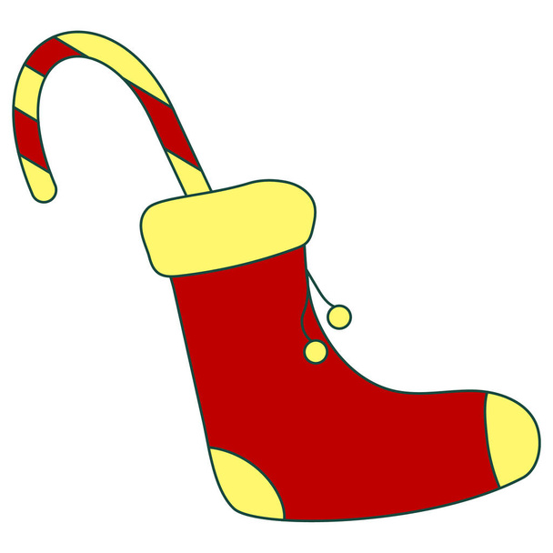 Новогодний носок с помпонами и конфеткой. Векторная иллюстрация в стиле цвета линии. Рождественский носок Санта Клауса висит на белом фоне. Рождественская икона в плоском стиле на белом фоне - Вектор,изображение