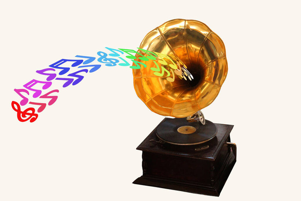 un'immagine fantastica e surreale di un antico fonografo in rame che lancia note musicali colorate - Foto, immagini
