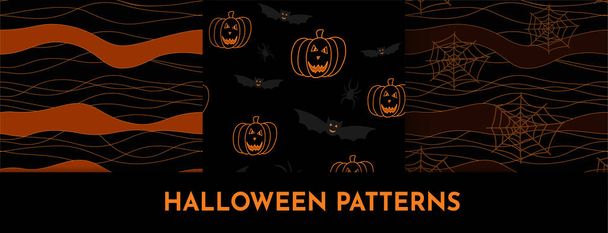 Set of Halloween patterns with bats, spiders, pumpkin, stripes, net, codweb on black background for wrapping paper, postcards, home textile, costumes, wallpaper, template. Vector illustration - Vector, Image