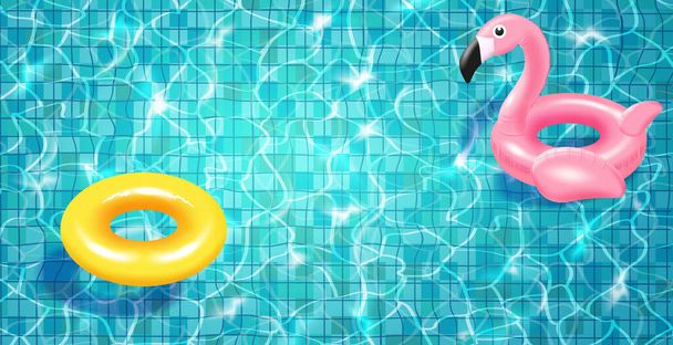 Bazén s plovoucím realistickým plaveckým kroužkem, modrou vodou, vlnami a zvýrazňovači. - Vektor, obrázek