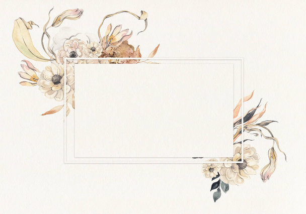 Flores y hojas pálidas - pancarta horizontal de diseño botánico. marco de borde de acuarela pastel floral. - Foto, Imagen