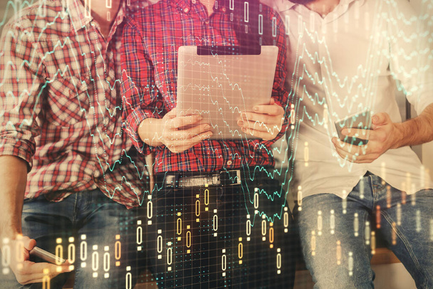Double exposure of forex graph drawing and man and woman working together holding and using a mobile device. Trade concept. - Foto, Bild