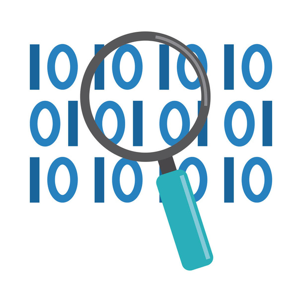 data analysis, magnifying glass binary digital development flat icon - Vector, Image