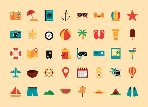 summer vacation travel, season tourism relaxing pack icons flat style - Vector, Image
