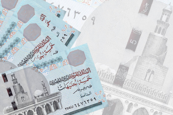 5 Egyptische ponden biljetten ligt in stapel op de achtergrond van grote semi-transparante bankbiljet. Abstract zakelijke achtergrond met kopieerruimte - Foto, afbeelding