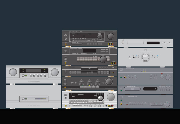 Geluidswinkel. HiFi stereo audio componenten. Versterker, ontvanger, cd-speler, geluidsprocessor. Vectorafbeelding voor illustraties. - Vector, afbeelding