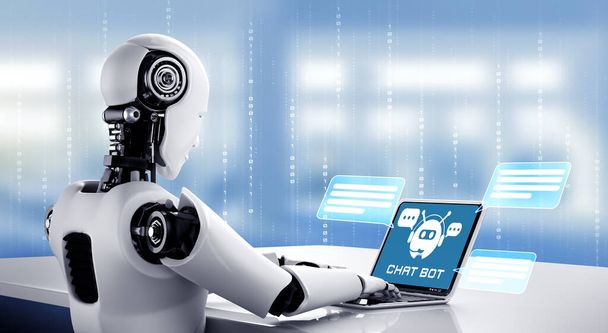 AI robot pomocí počítače chatovat se zákazníkem. Koncept chatbota - Fotografie, Obrázek