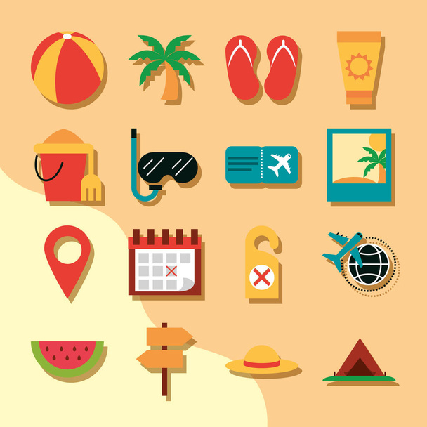 kesäloma matka, matkailu virkistys asettaa kuvakkeet mukana pallo palmu snorkkeli hedelmä ja lippu, tasainen tyyli - Vektori, kuva