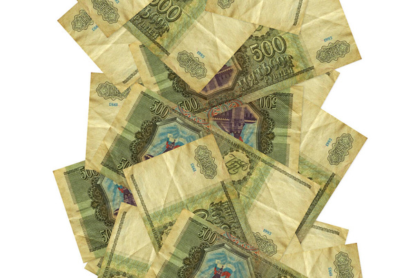 500 russian rubles bills flying down isolated on white. Many banknotes falling with white copy space on left and right side - Photo, Image