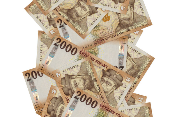 2000 Hongaarse forint biljetten vliegen naar beneden geïsoleerd op wit. Veel bankbiljetten vallen met witte kopieerruimte links en rechts - Foto, afbeelding