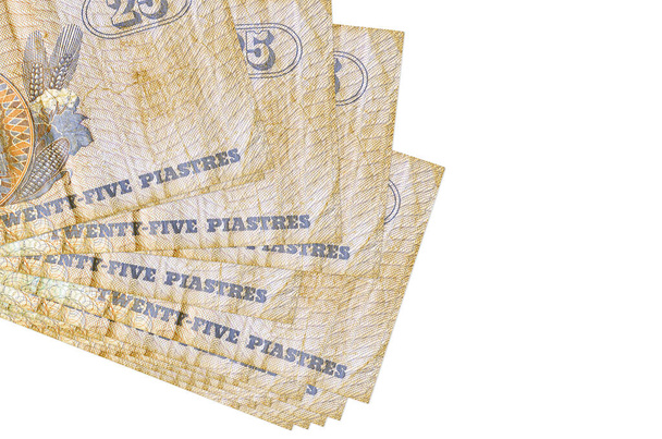 25 Egyptische piasters biljetten ligt in kleine bos of pak geïsoleerd op wit. Mockup met kopieerruimte. Bedrijfs- en wisselkoersconcept - Foto, afbeelding