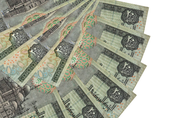20 egipskich banknotów leży odizolowanych na białym tle z przestrzenią do kopiowania ułożoną w kształcie wentylatora. Koncepcja transakcji finansowych - Zdjęcie, obraz