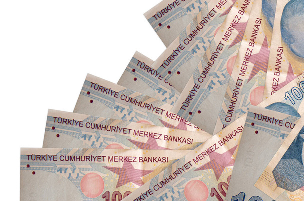 100 liras turcas contas encontra-se em ordem diferente isolado em branco. Banco local ou conceito de ganhar dinheiro. Banner de fundo de negócios - Foto, Imagem