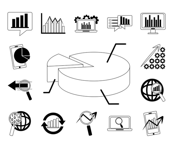 análisis de datos, marketing de negocios línea de estrategia en línea iconos pack - Vector, Imagen