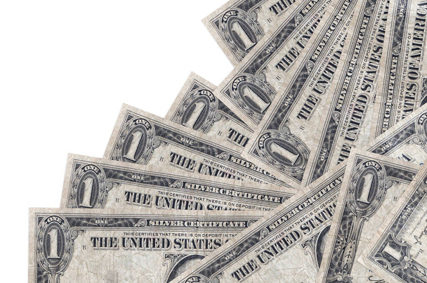 1 banknoty dolarowe USA leżą w innej kolejności odizolowane na białym. Lokalna bankowość lub koncepcja produkcji pieniędzy. Baner informacyjny - Zdjęcie, obraz