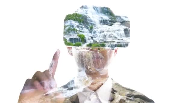 Man wearing VR glasses watch Aerial view of Maeya Waterfall, Thailand - Footage, Video