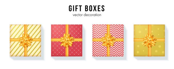 Set of gift boxes with yellow ribbon and bow tie. Wrapping paper with different pattern. Vector 3d illustration. Flat lay, top-down view. - Vektori, kuva