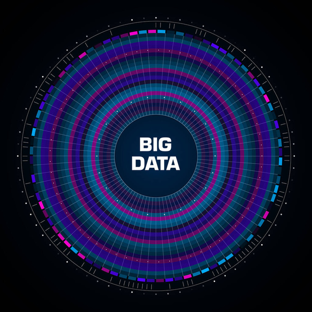 ビッグデータ可視化。中心にコピースペースの円形のインフォグラフィック。青と赤の点の放射状クラスター。科学技術の概念。ベクトル - ベクター画像