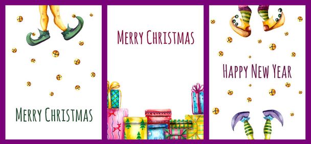 新年やクリスマスのためのギフトカードの水彩イラストセット。幸せな新年と陽気なクリスマスの挨拶カード白い背景に隔離された。ウェブサイト用手描き水彩画 - 写真・画像