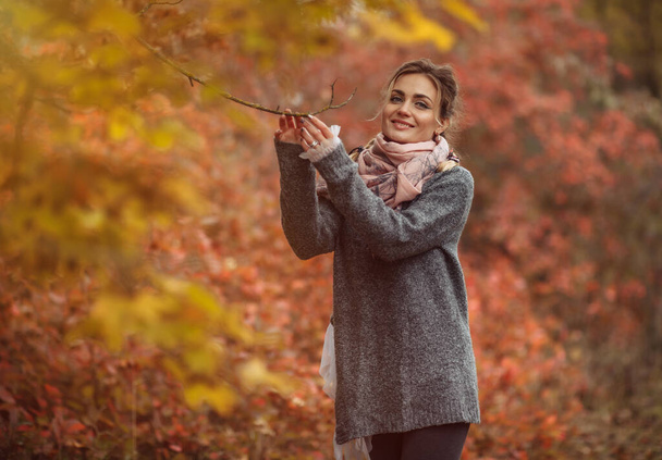 Taidemuotokuva. Nuori iloinen nainen syksyllä vaatteet poseeraa metsässä punertava lehdet puita - Valokuva, kuva