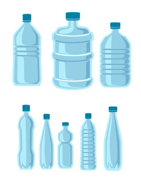 Bottiglie di plastica set per il servizio di consegna dell'acqua diverse dimensioni della bottiglia e bottiglie modello vuoto disegno vettoriale piatto isolato su sfondo bianco. - Vettoriali, immagini