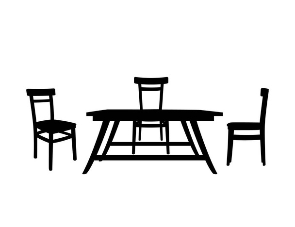 Table en bois silhouette noire avec chaises en bois Meubles de ménage illustration vectorielle plate isolée sur fond blanc. - Vecteur, image