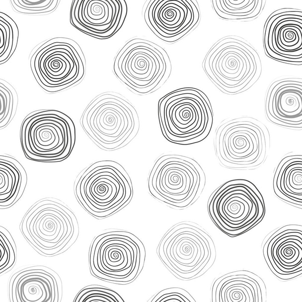 Hand drawn geometric seamless repeat pattern. Monochrome wet brush spiral strokes texture. - Вектор,изображение