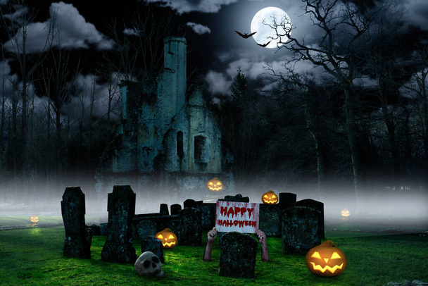 un fondo de Halloween con una cemetría con calabazas y un castillo - Foto, imagen