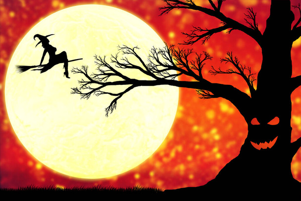silhouette of an old big black tree with a grimace on the trunk against the background of an orange sky with a moon and a flying witch - Fotó, kép