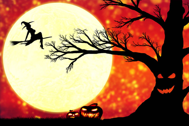 silhouette of an old big black tree with a grimace on the trunk against the background of an orange sky with a moon and a flying witch - Fotó, kép