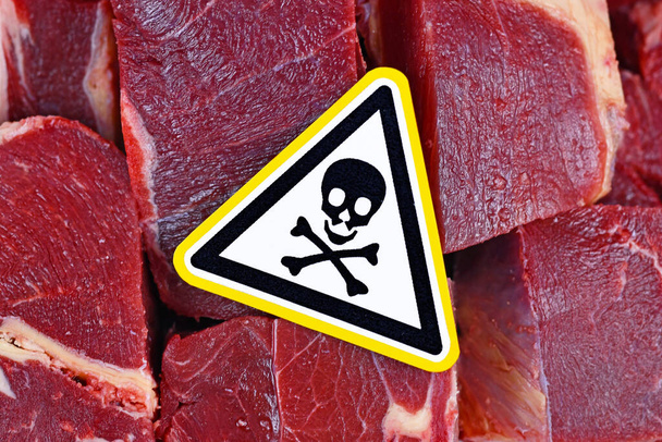 人間の消費の概念のための肉中の有害な細菌、黄色の頭蓋骨毒性警告記号と赤い肉の塊を示す - 写真・画像