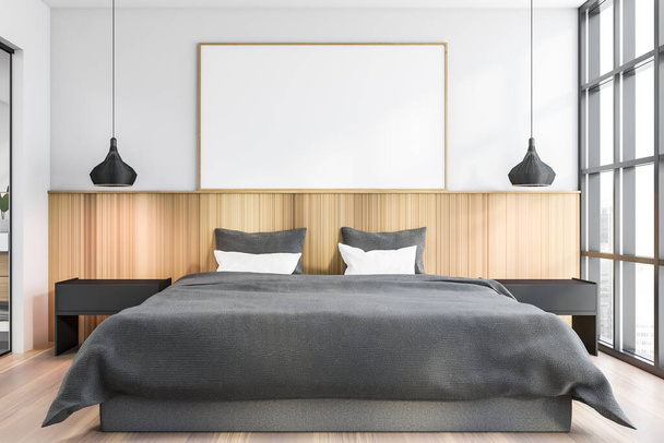 Interiér stylové ložnice s bílými a dřevěnými stěnami, dřevěnou podlahou a postelí king size. Vysmívej se plakátu. 3D vykreslování - Fotografie, Obrázek