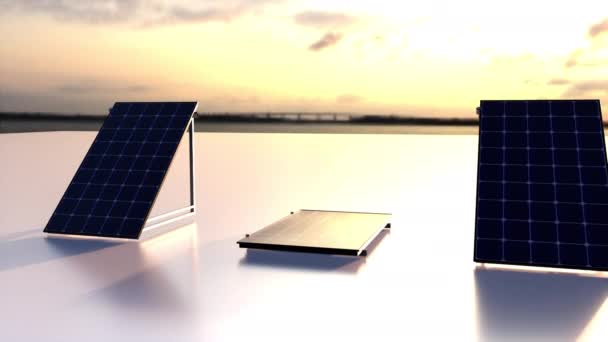 Rij van zonne-batterijen op een mat oppervlak tegen de hemel, 3d rendering. Computergegenereerde ecologische achtergrond. - Video